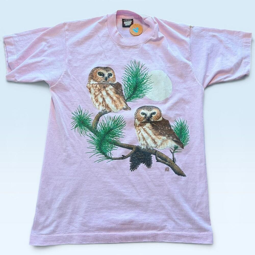 Vintage Owls Shirt Mens Medium Pink Screen Stars Tee T-Shirt USA Nature
